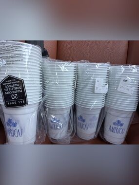 NWT Bundle Rae Dunn Plastic Disposable Cups 16oz white/blue/fireworks AMERICA!